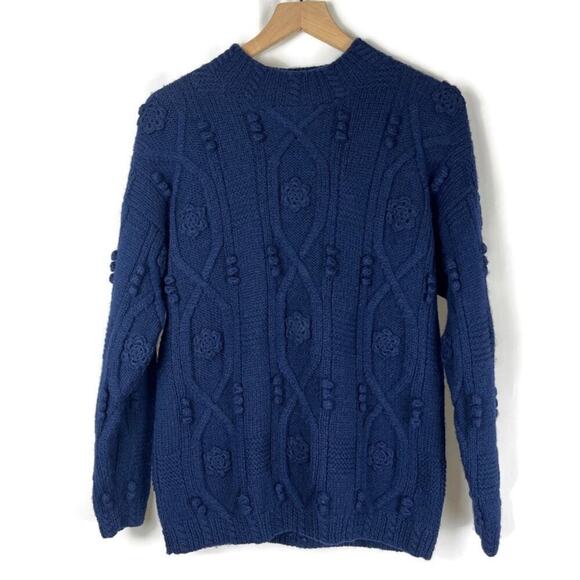 Women's 100% Wool Bobble Cable Sweater Blue Size S SIGNATURE by NORTHERN ISLES - Picture 1 of 7